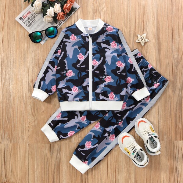 

Toddler Girls Reflective Tape Floral Bomber Jacket With Joggers, Multicolor