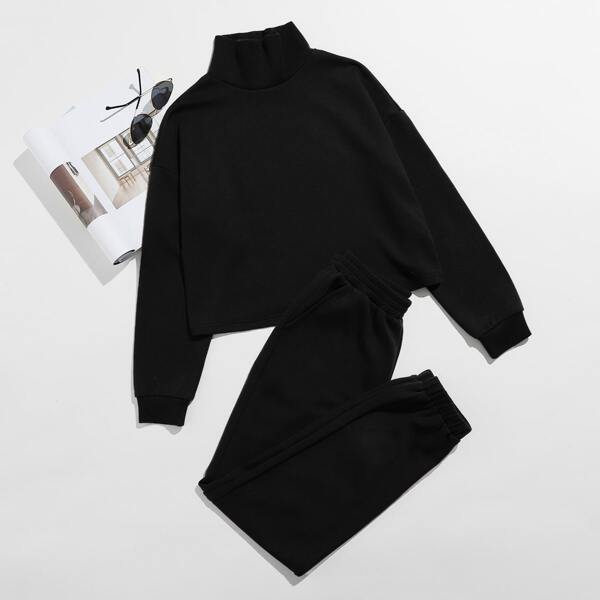 

Mock Neck Drop Shoulder Top & Slant Pocket Joggers Set, Black