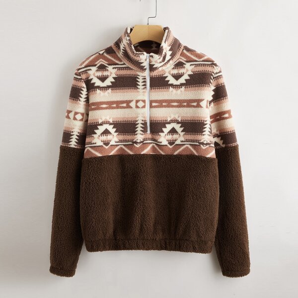 

Contrast Geo Pattern Half Zip Teddy Sweatshirt, Multicolor