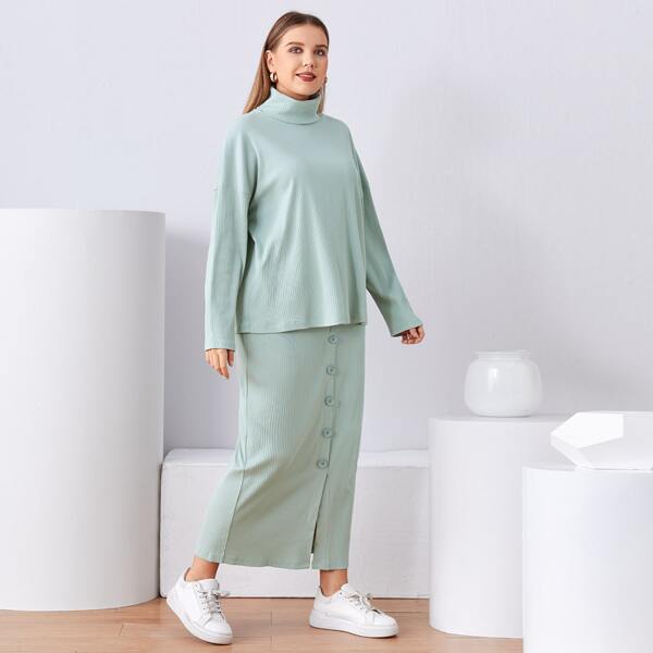 

Plus Funnel Neck Top & Buttoned Front Skirt Set, Pastel mint green