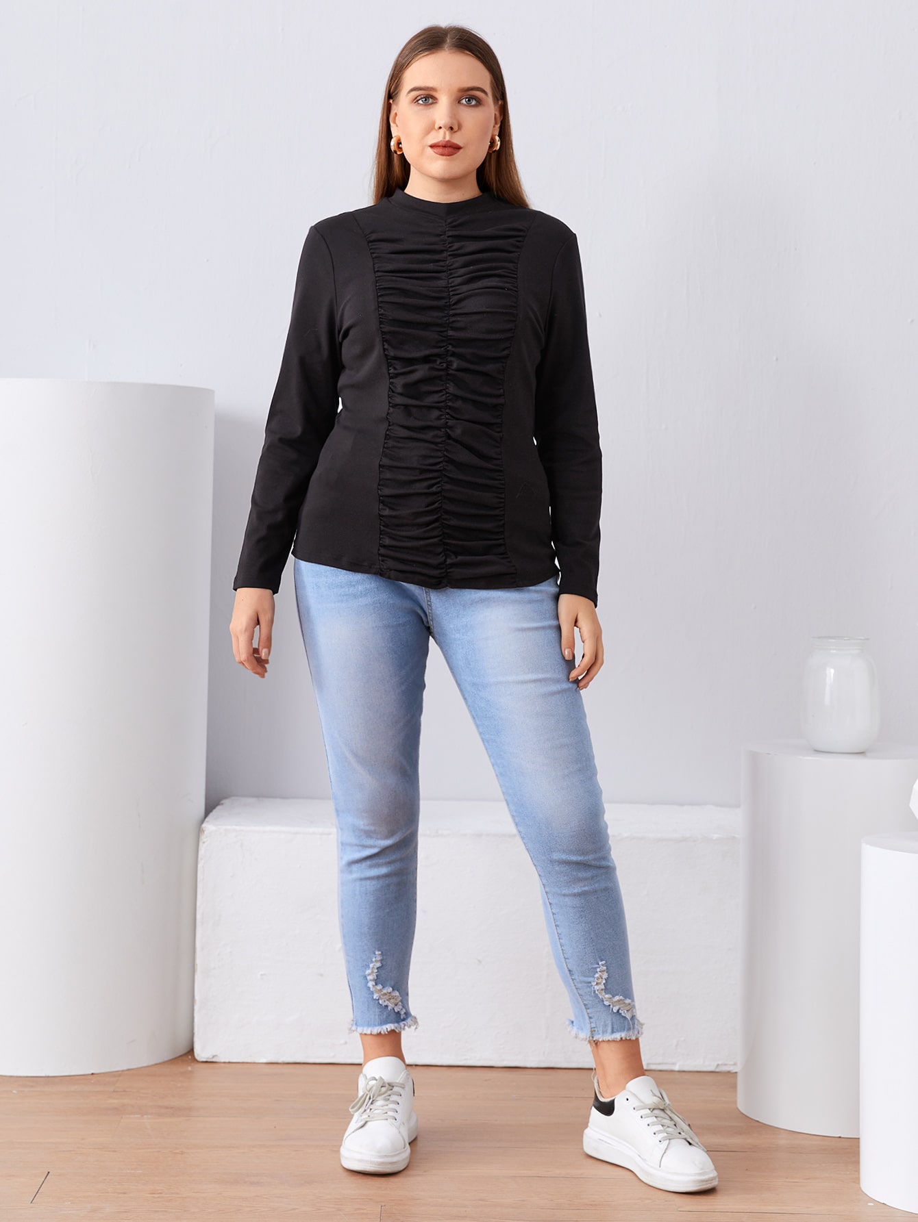 Plus Mock Neck Ruched Detail Tee thumbnail