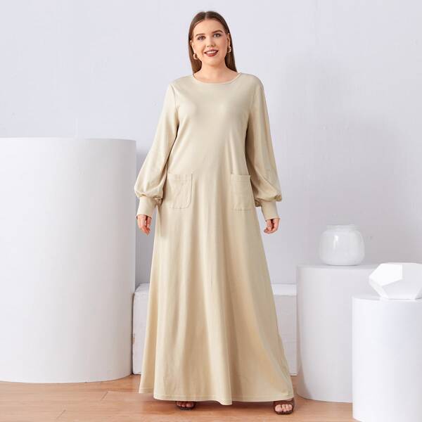 

Plus Bishop Sleeve Pocket Front Dress, Beige
