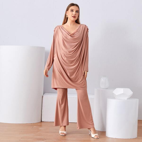

Plus Cowl Neck Solid Top & Flare Leg Pants Set, Dusty pink