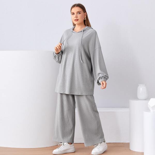 

Plus Drop Shoulder Hoodie & Wide Leg Pants Set, Light grey