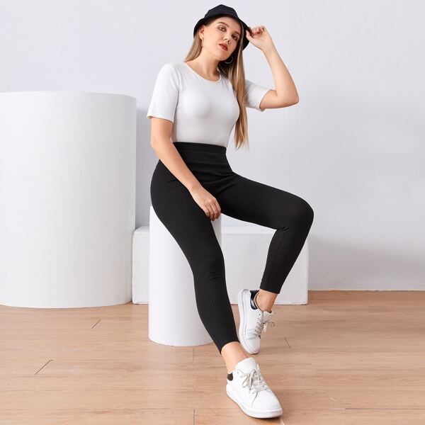 

Plus Wide Waistband Solid Leggings, Black