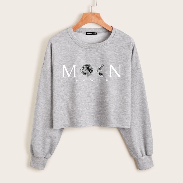 

Drop Shoulder Letter & Moon Print Crop Pullover, Light grey