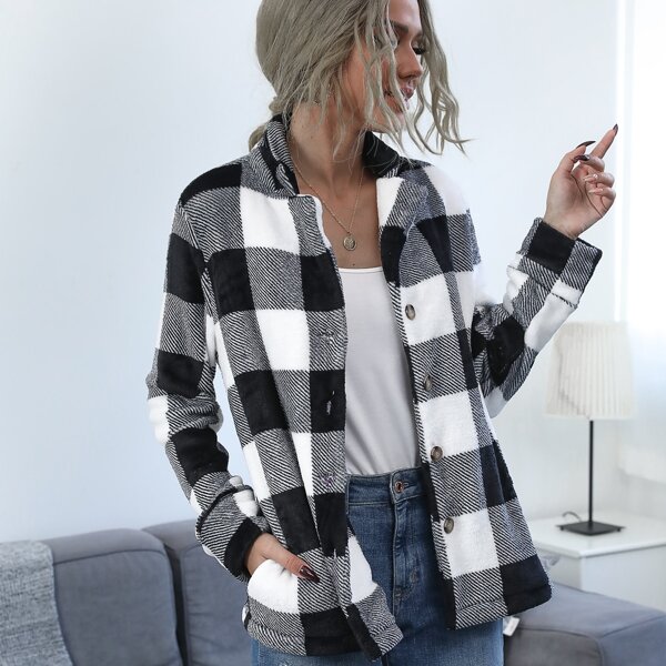 

Buffalo Plaid Button Up Teddy Coat, Black and white