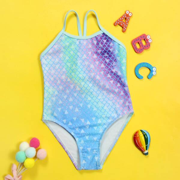 

Girls Fish Scales One Piece Swimsuit, Multicolor
