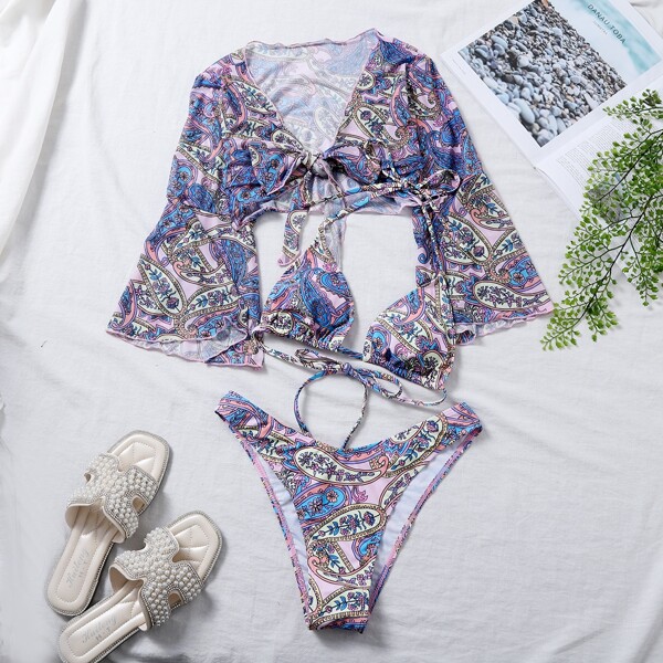 

3pack Paisley Print Triangle Bikini Swimsuit, Multicolor