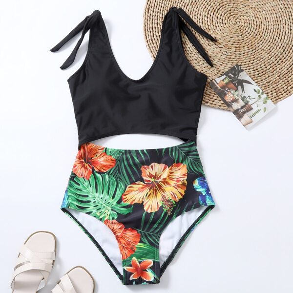 

Floral & Tropical Cut-out One Piece Swimsuit, Multicolor