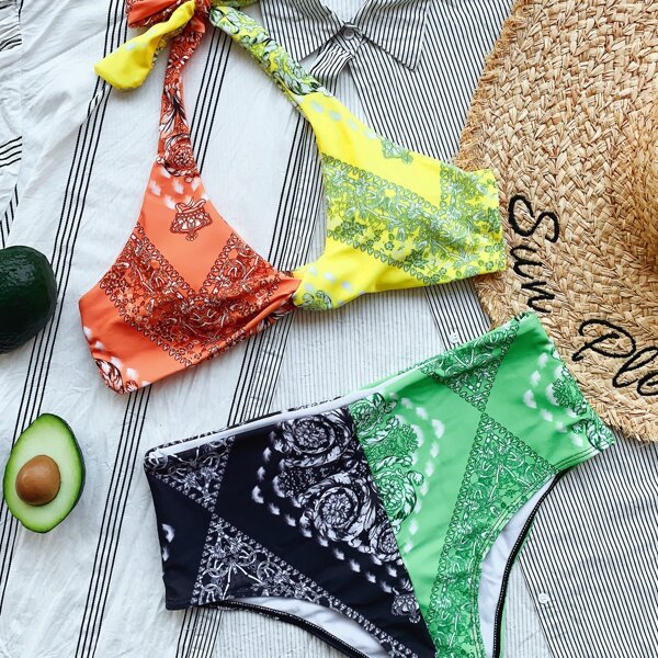 

Allover Graphic Twist Bikini Swimsuit, Multicolor