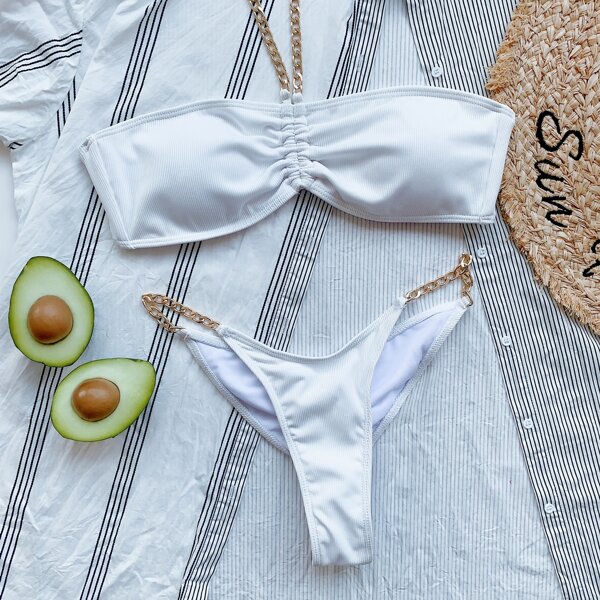 

Rib Chain Linked Halter Thong Bikini Swimsuit, White