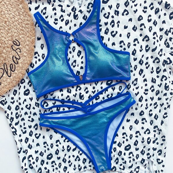 

Metallic Cut Out Front Bikini Swimsuit, Blue