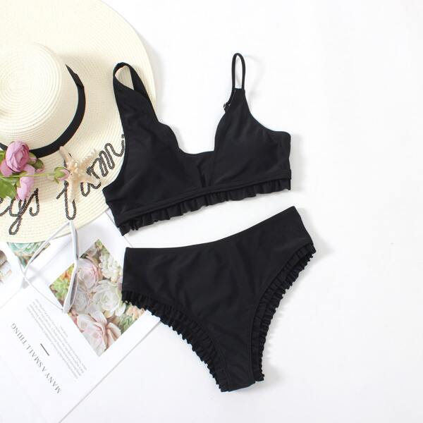 

Frill Trim Bikini Swimsuit, Black