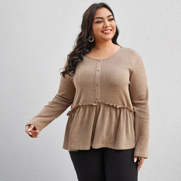 

Plus Ribbed Frill Trim Solid Tee, Apricot