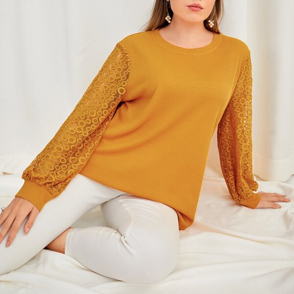 

Plus Contrast Lace Solid Tee, Mustard yellow