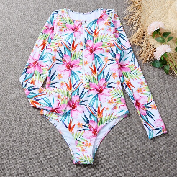 

Tropical & Floral Front Zipper One Piece Swimsuit, Multicolor