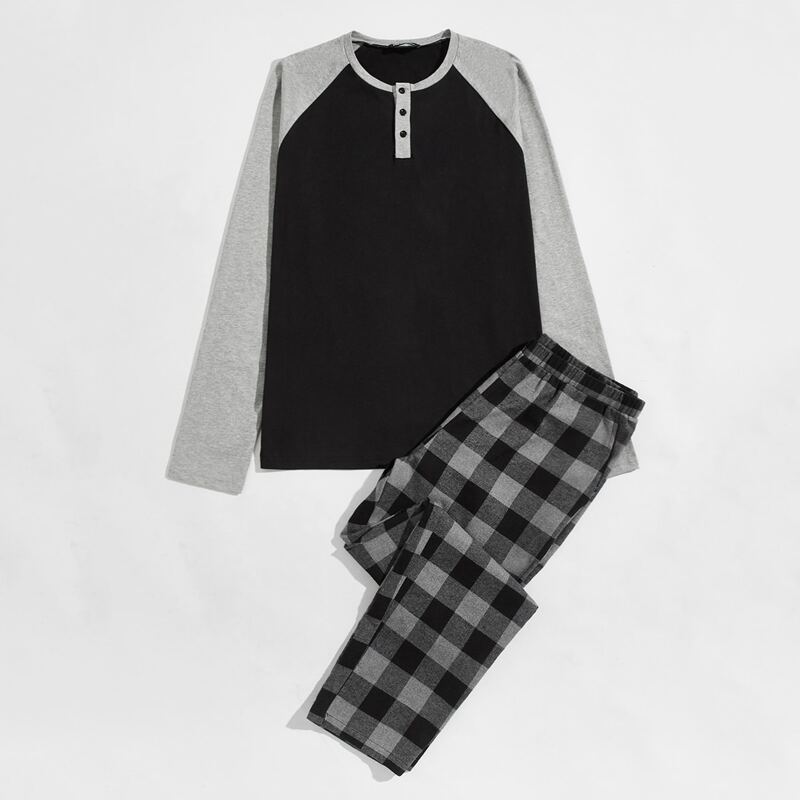 

Guys Colorblock Raglan Sleeve Top & Plaid Pants PJ Set, Multicolor