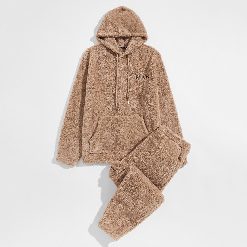 

Guys Letter Embroidery Teddy Hoodie & Sweatpants Set, Apricot