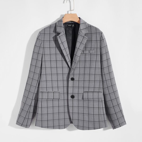 

Men Flap Detail Plaid Blazer, Grey