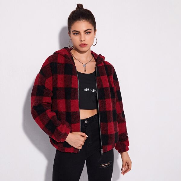 

Drop Shoulder Buffalo Plaid Teddy Jacket, Burgundy