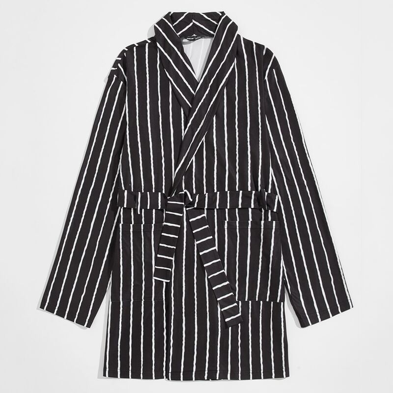 

Guys Pocket Front Self Belted Striped Robe, Black