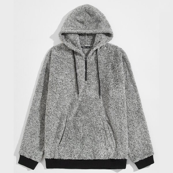 

Men Zip Half Placket Teddy Hoodie, Grey
