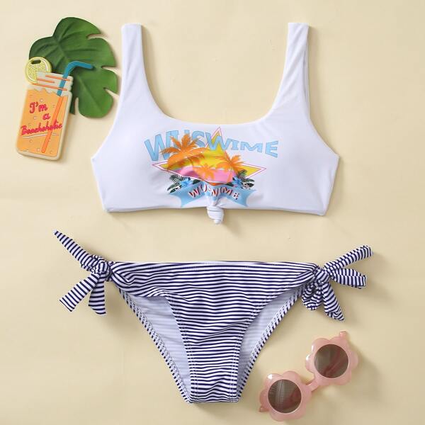 

Girls Tropical & Striped Tie Side Bikini Swimsuit, Multicolor