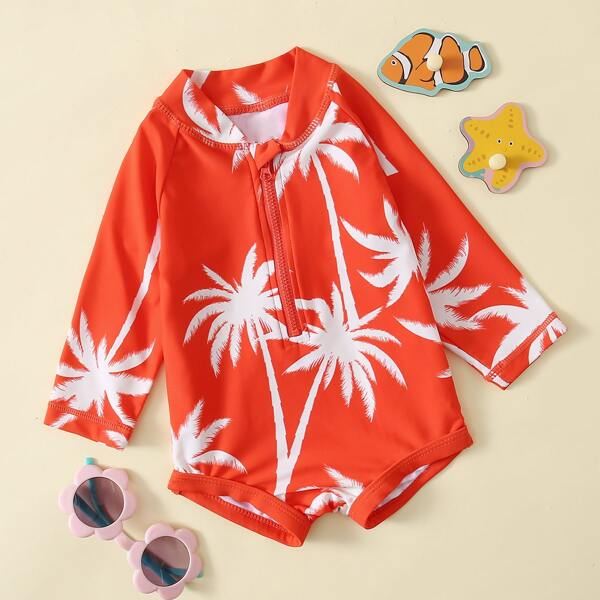 

Baby Palm Print Zip Front One Piece Swimsuit, Red