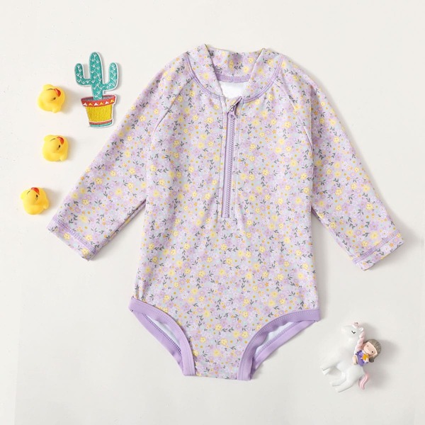 

Baby Ditsy Floral Zip Front One Piece Swimsuit, Pastel lilac purple