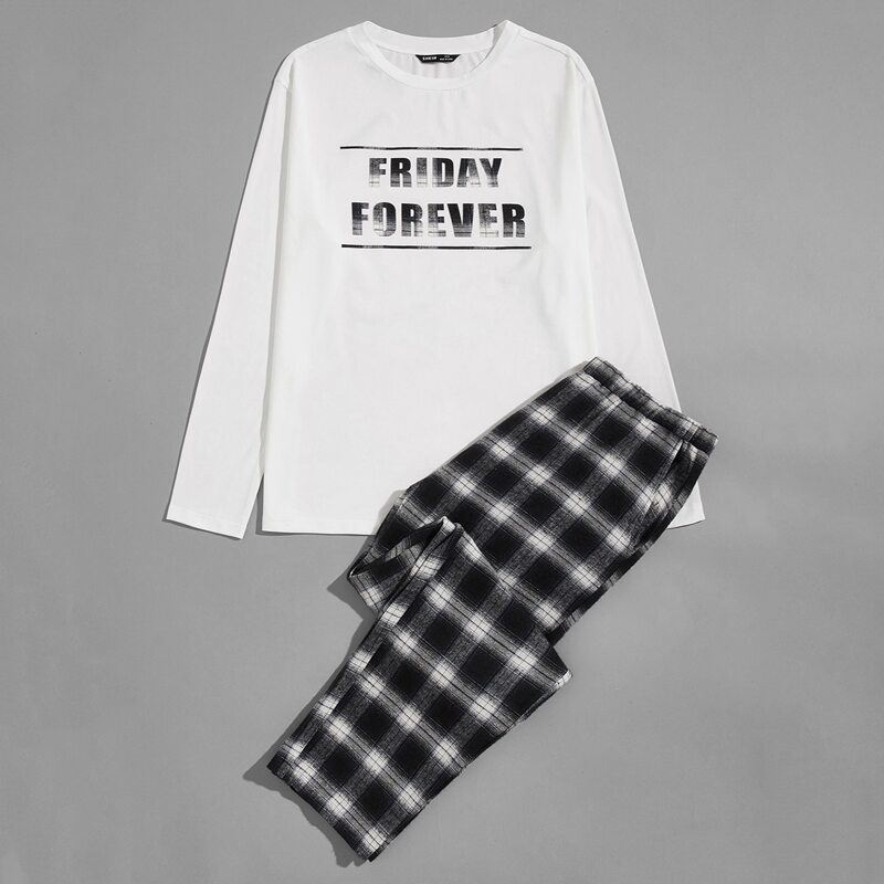 

Guys Letter Graphic Top & Plaid Pants PJ Set, Black and white