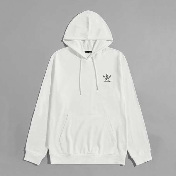 

Men Letter & Leaf Embroidery Hoodie, White