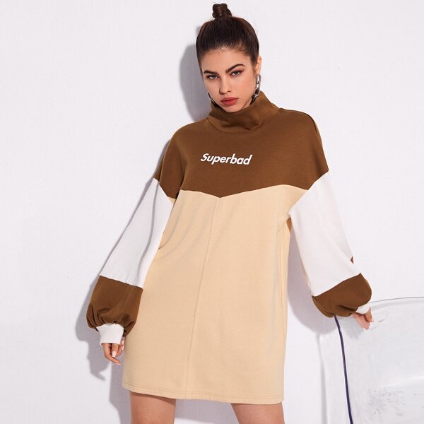 

Letter Graphic Colorblock Bishop Sleeve Dress, Multicolor