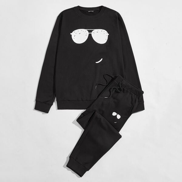 

Men Graphic Pullover & Drawstring joggers Set, Black