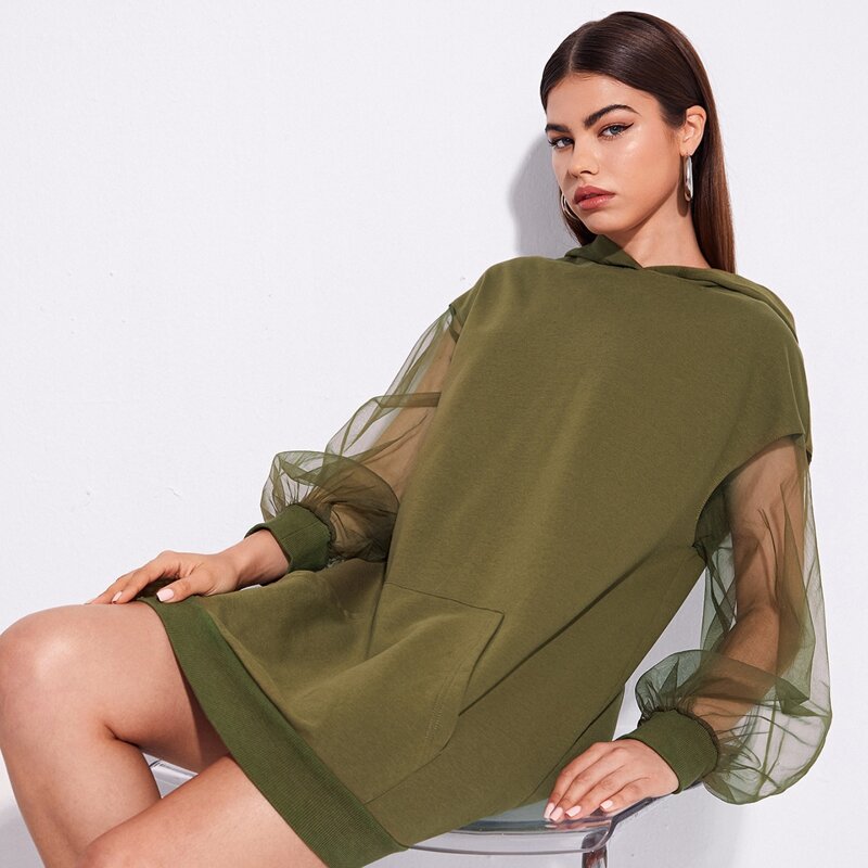 

Pouch Pocket Sheer Mesh Lantern Sleeve Solid Hooded Dress, Olive green