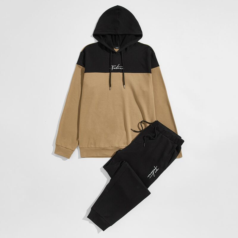 

Guys Colorblock Letter Embroidered Drawstring Hoodie & Joggers Set, Multicolor