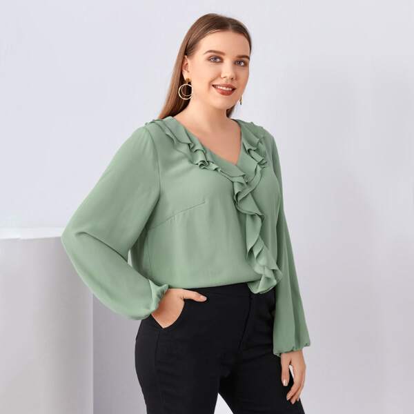 

Plus Ruffle Trim Bishop Sleeve Top, Mint green