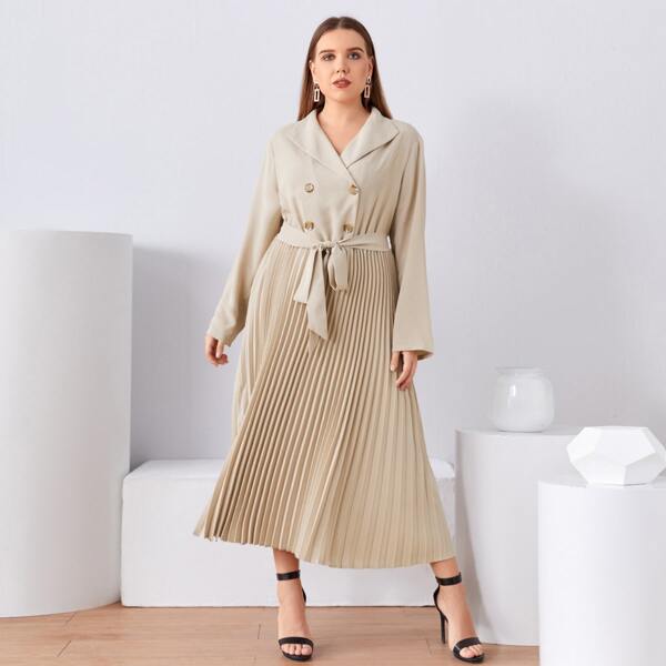 

Plus Double Button Belted Pleated Hem Dress, Beige