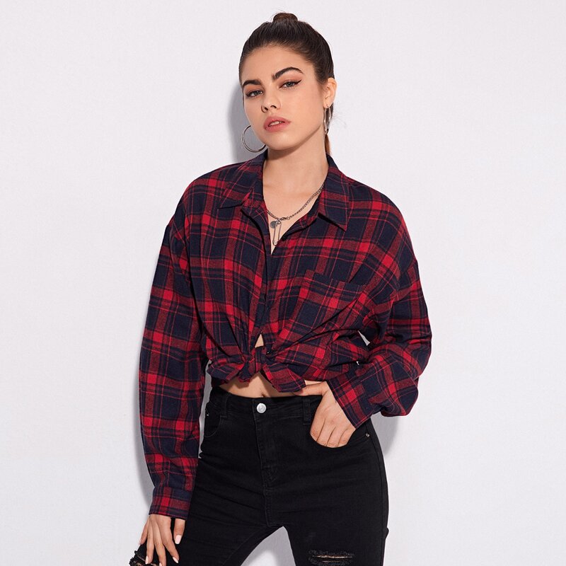 

Plaid Button Front Pocket Patched Blouse, Multicolor