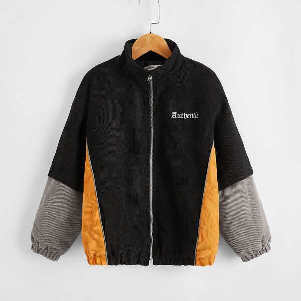

Boys Letter Embroidery Cord Puffer Jacket, Black