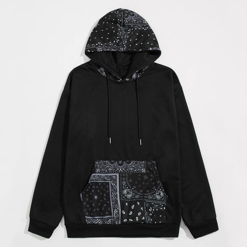 

Guys Contrast Paisley Drawstring Hoodie, Black