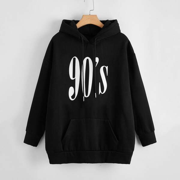 

Plus Letter Graphic Kangaroo Pocket Drawstring Hoodie, Black