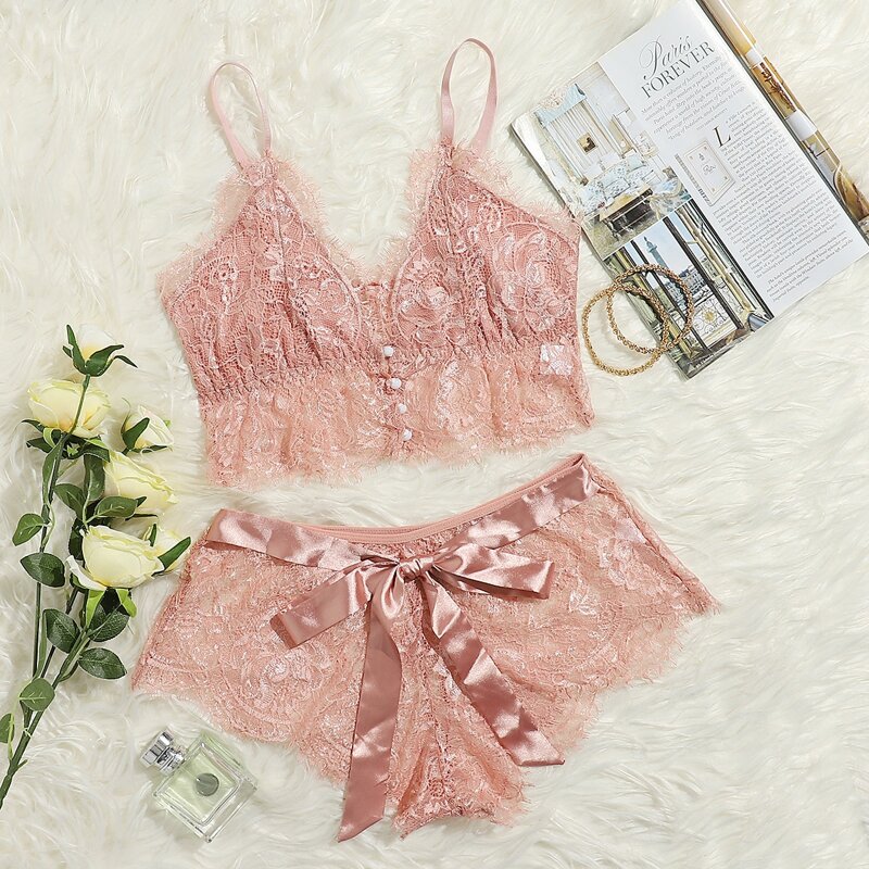 

Floral Lace Button Front Lingerie Set, Baby pink