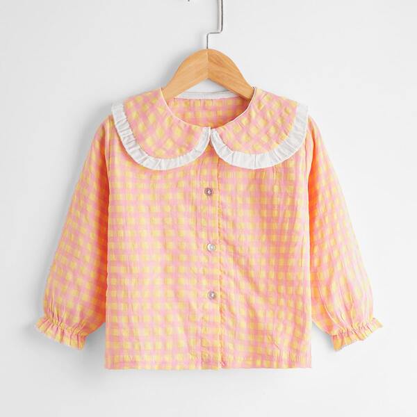 

Toddler Girls Peter Pan Collar Gingham Blouse, Coral orange