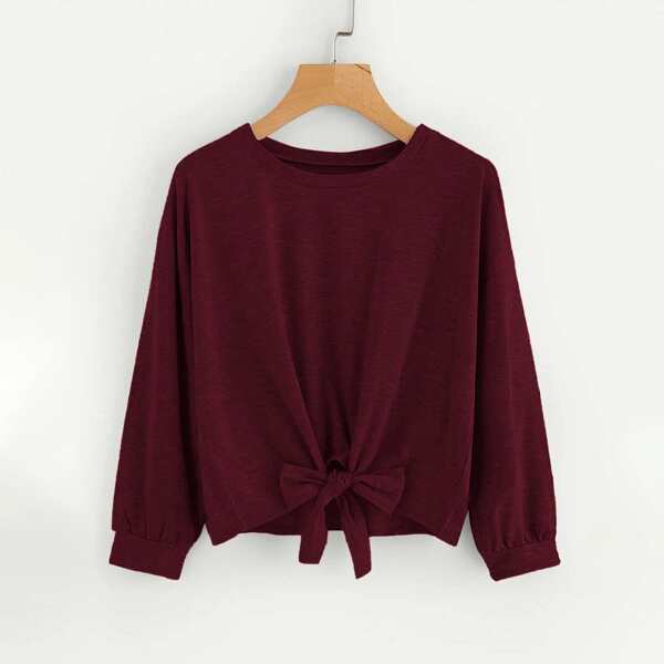 

Plus Knot Hem Drop Shoulder Sweatshirt, Maroon