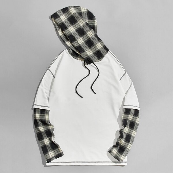 

Men Contrast Tartan 2 In 1 Drawstring Hoodie, Multicolor