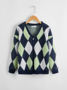 SHEIN Boys Argyle Pattern Cardigan - Multicolor - View 1