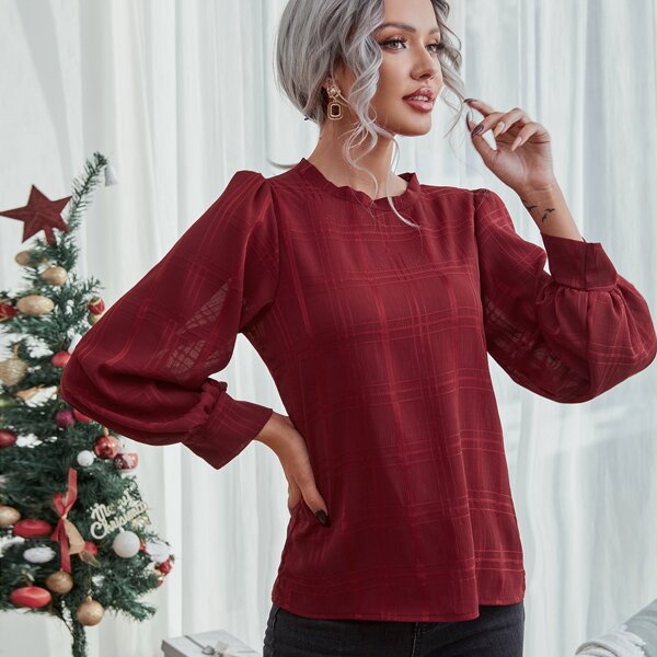 

Plaid Puff Sleeve Blouse, Burgundy
