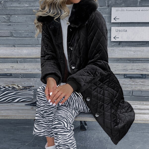 

Velvet Fuzzy Collar Puffer Coat, Black