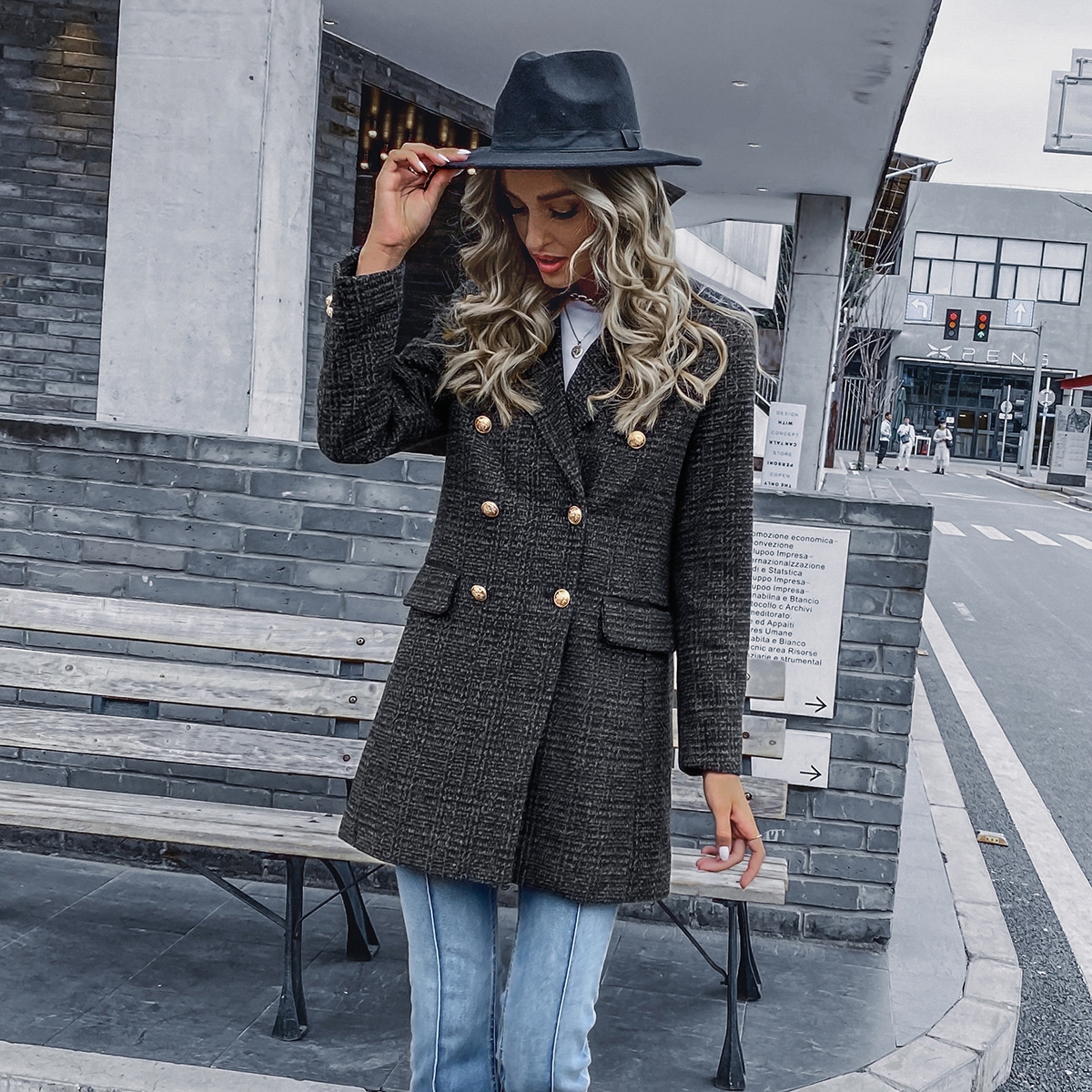 Image of Double Button Wool-Mix Fabric Pea Coat